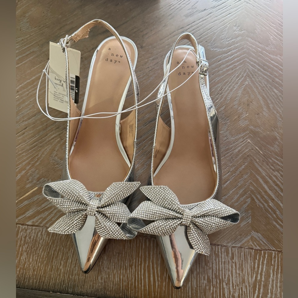 Women's Priscilla Rhinestone Bow Slingback Kitten Heels - A New Day Silver - Picture 5 of 5